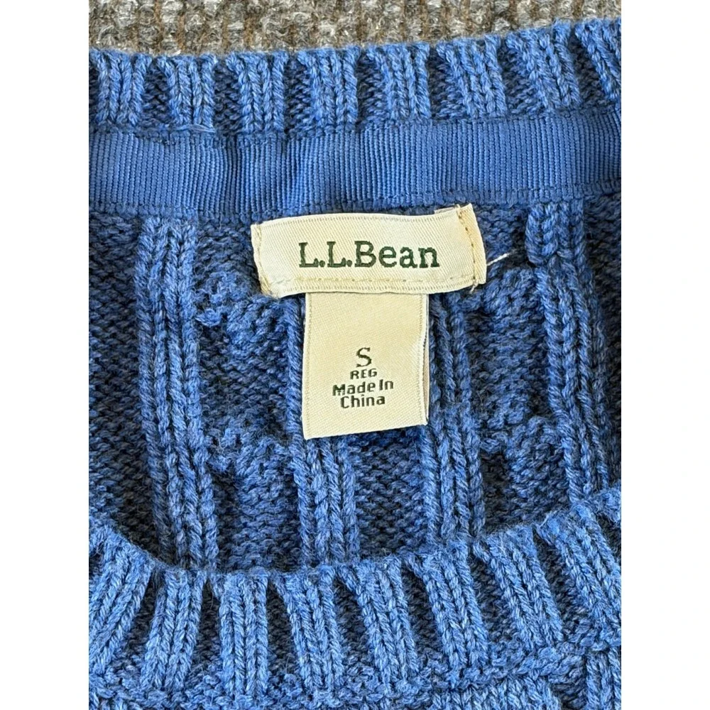 LL Bean Womens Blue Cable Knit Crewneck Sweater Size Small Regular Cotton